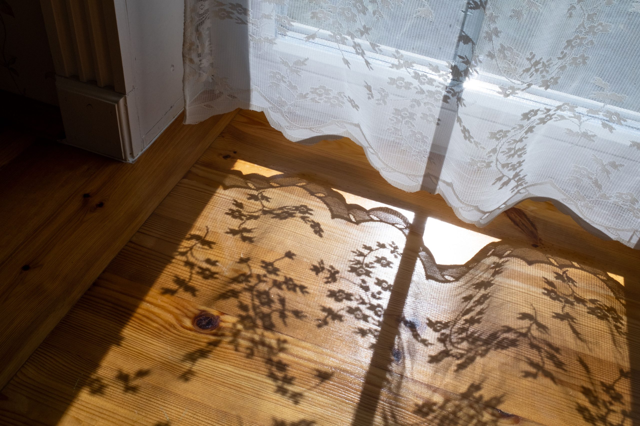 Sunlight and lace-curtain shadow falling across a pine floor in a Tennessee sunroom